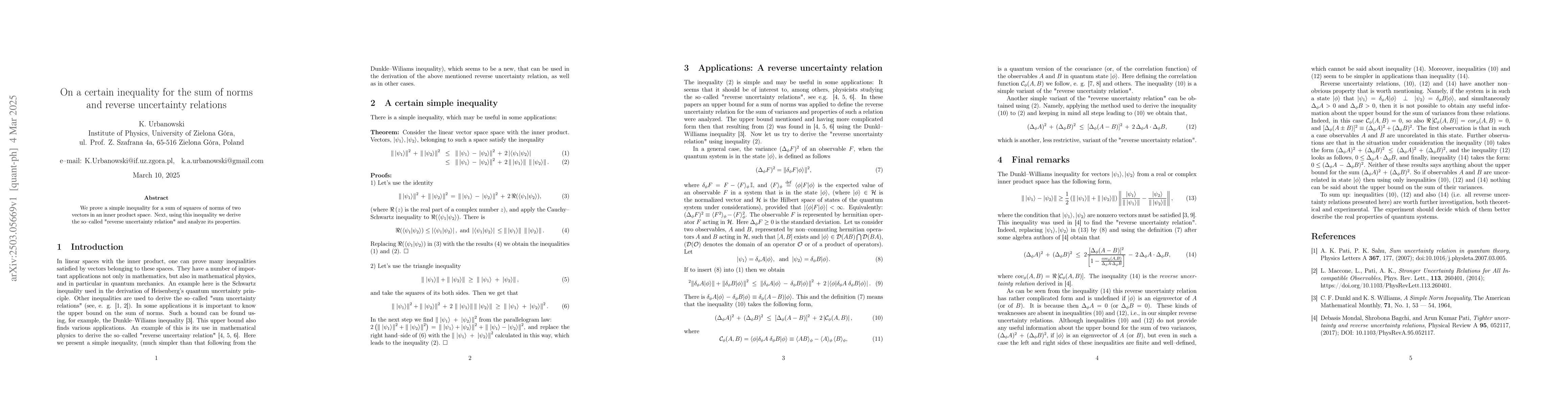Thumbnail for On a certain inequality for the sum of norms and reverse uncertainty
  relations