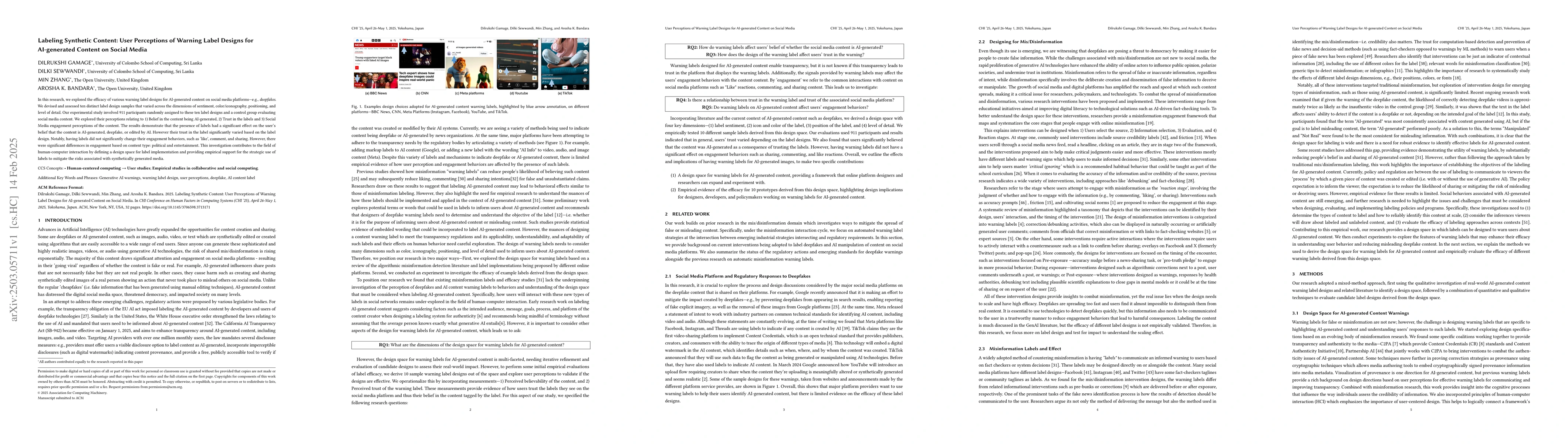Thumbnail for Labeling Synthetic Content: User Perceptions of Warning Label Designs
  for AI-generated Content on Social Media