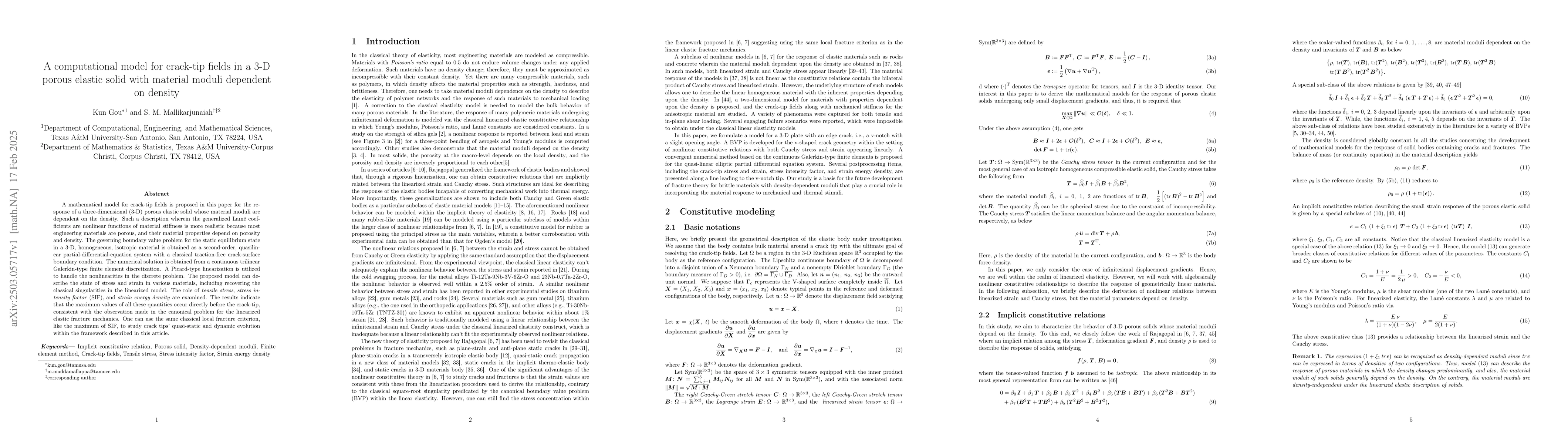Thumbnail for A computational model for crack-tip fields in a 3-D porous elastic solid
  with material moduli dependent on density