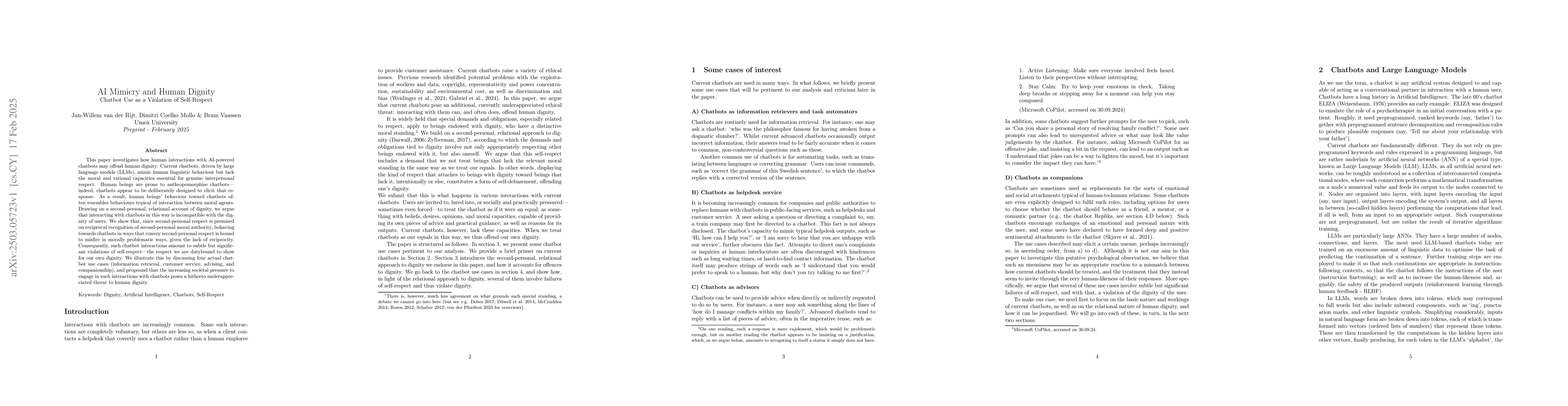 Thumbnail for AI Mimicry and Human Dignity: Chatbot Use as a Violation of Self-Respect