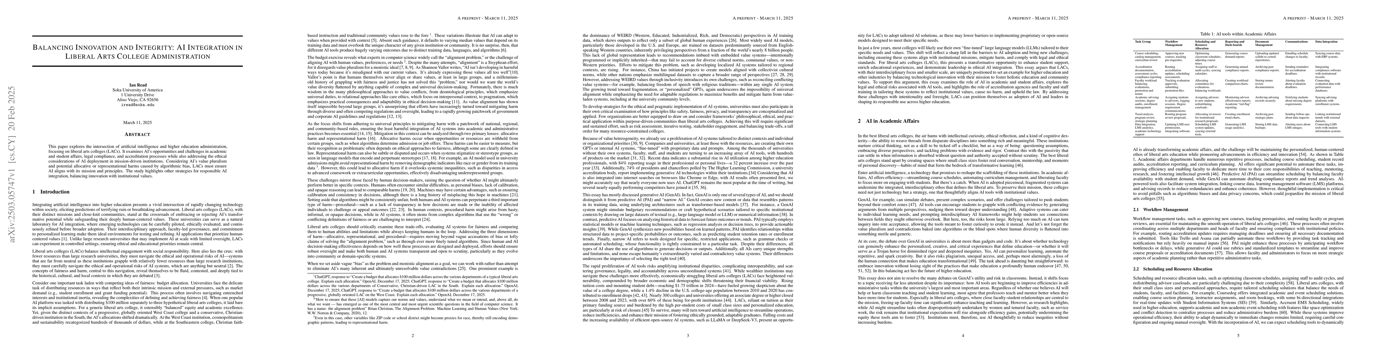 Thumbnail for Balancing Innovation and Integrity: AI Integration in Liberal Arts
  College Administration