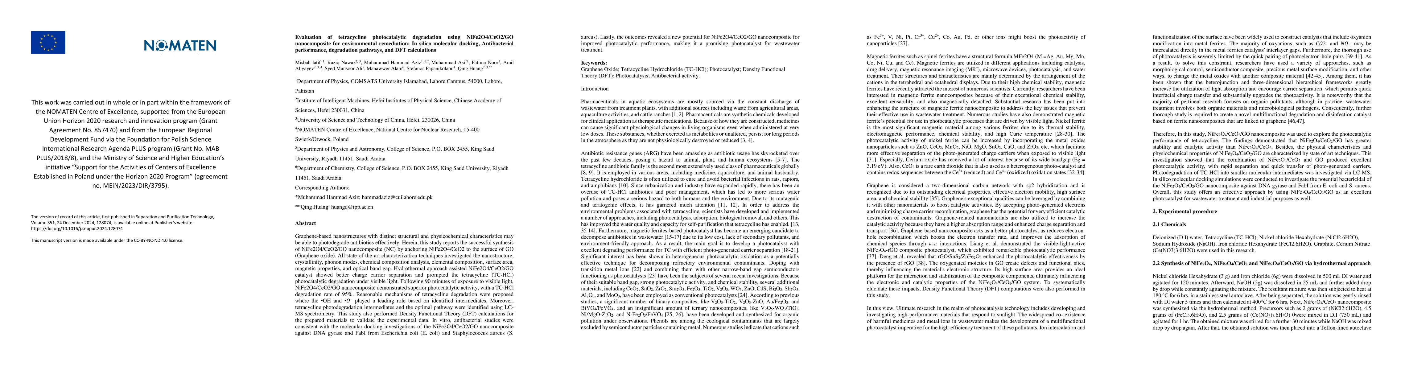 Thumbnail for Evaluation of tetracycline photocatalytic degradation using
  NiFe2O4/CeO2/GO nanocomposite for environmental remediation: In silico
  molecular docking, Antibacterial performance, degradation pathways, and DFT
  calculations