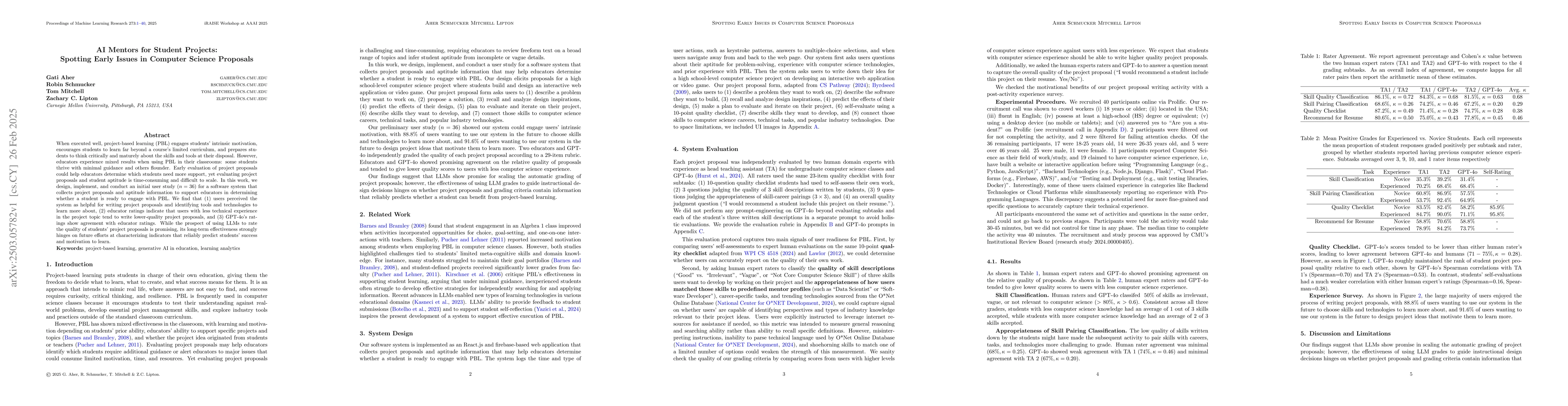 Thumbnail for AI Mentors for Student Projects: Spotting Early Issues in Computer
  Science Proposals