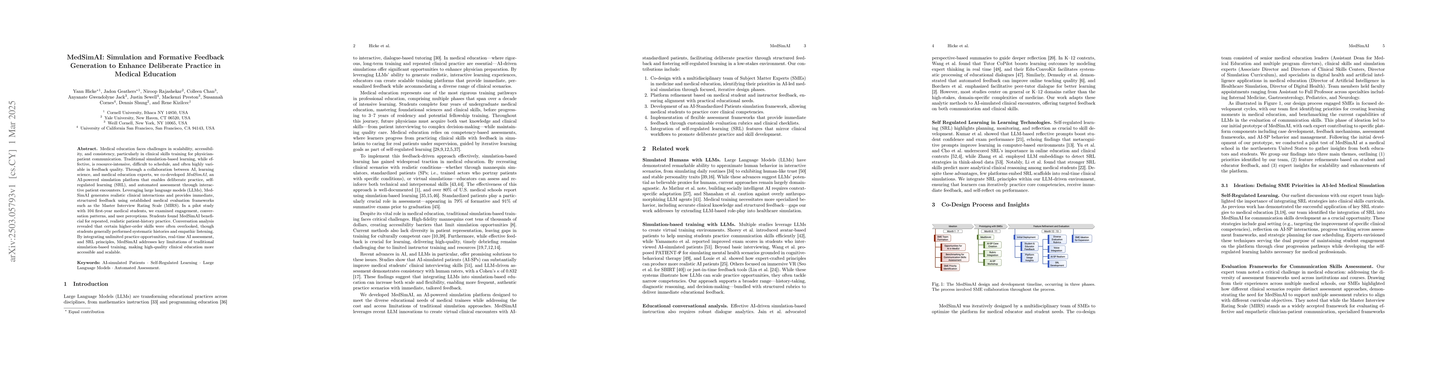 Thumbnail for MedSimAI: Simulation and Formative Feedback Generation to Enhance
  Deliberate Practice in Medical Education