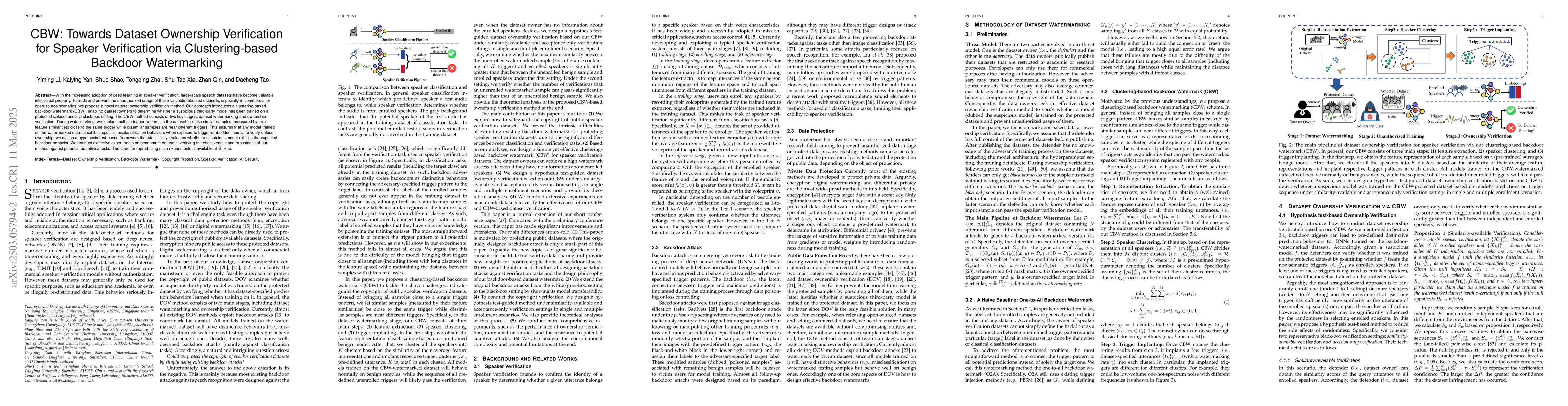Thumbnail for CBW: Towards Dataset Ownership Verification for Speaker Verification via
  Clustering-based Backdoor Watermarking