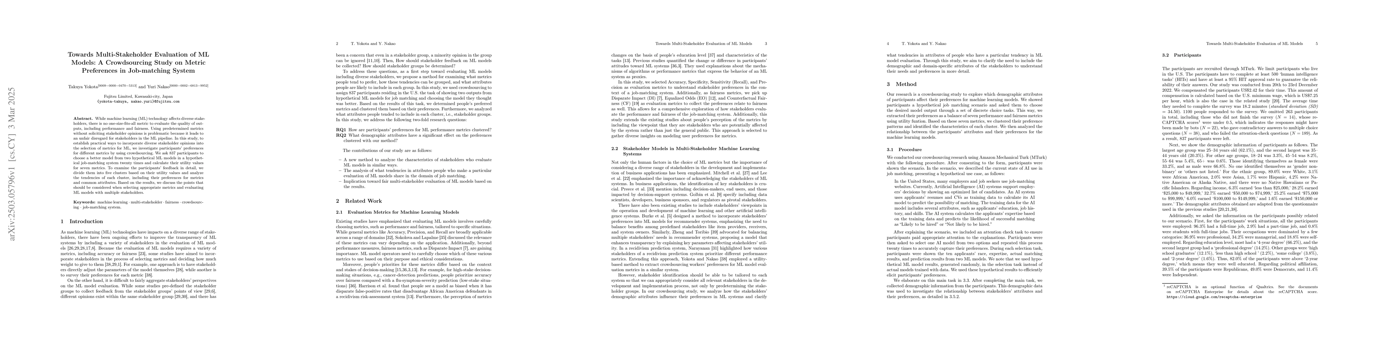 Thumbnail for Towards Multi-Stakeholder Evaluation of ML Models: A Crowdsourcing Study
  on Metric Preferences in Job-matching System