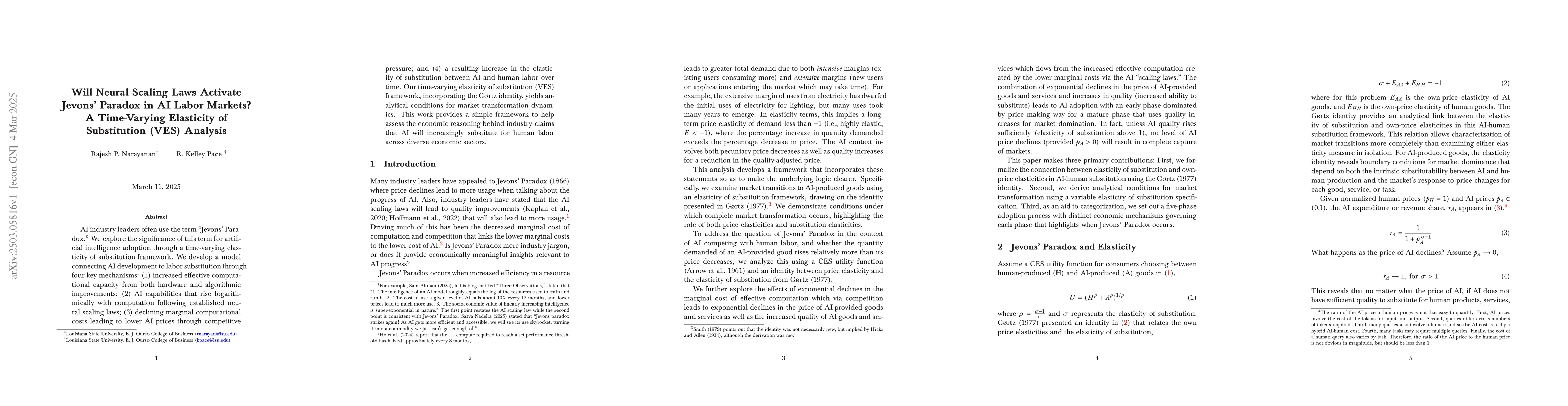 Thumbnail for Will Neural Scaling Laws Activate Jevons' Paradox in AI Labor Markets? A
  Time-Varying Elasticity of Substitution (VES) Analysis