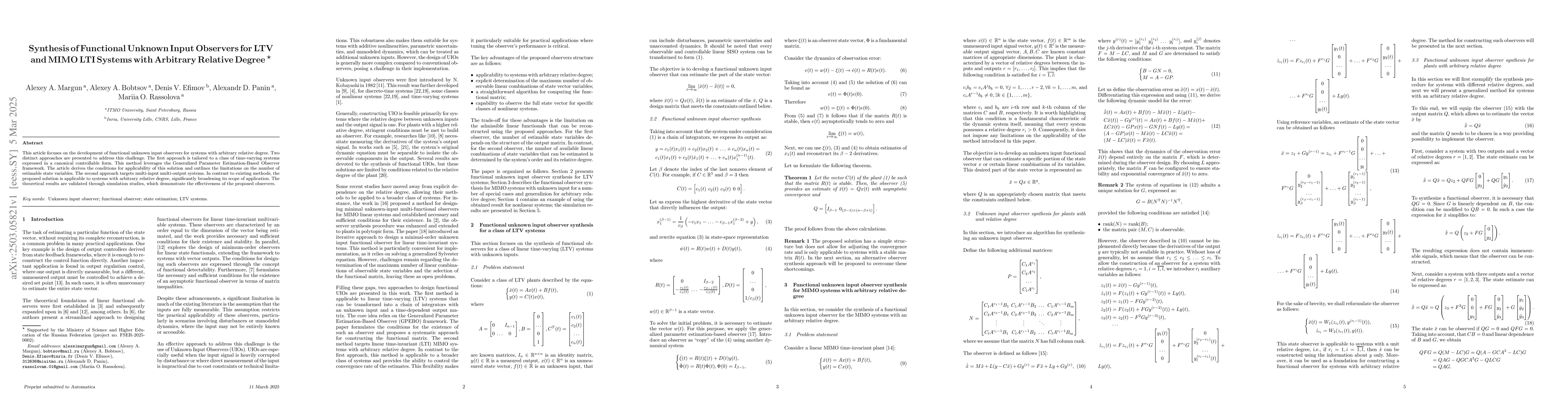 Thumbnail for Synthesis of Functional Unknown Input Observers for LTV and MIMO LTI
  Systems with Arbitrary Relative Degree