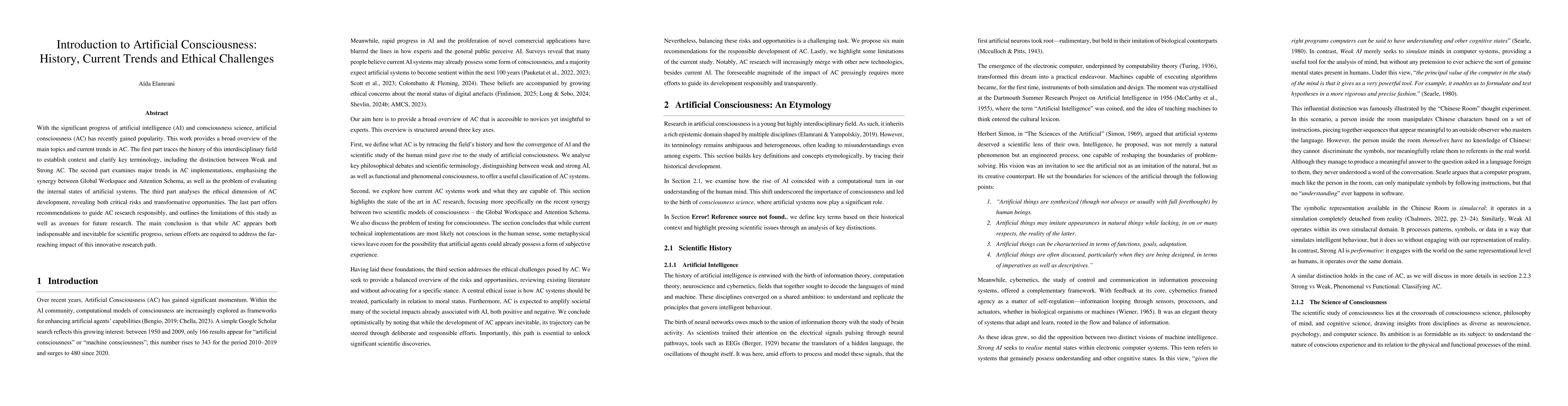 Thumbnail for Introduction to Artificial Consciousness: History, Current Trends and
  Ethical Challenges