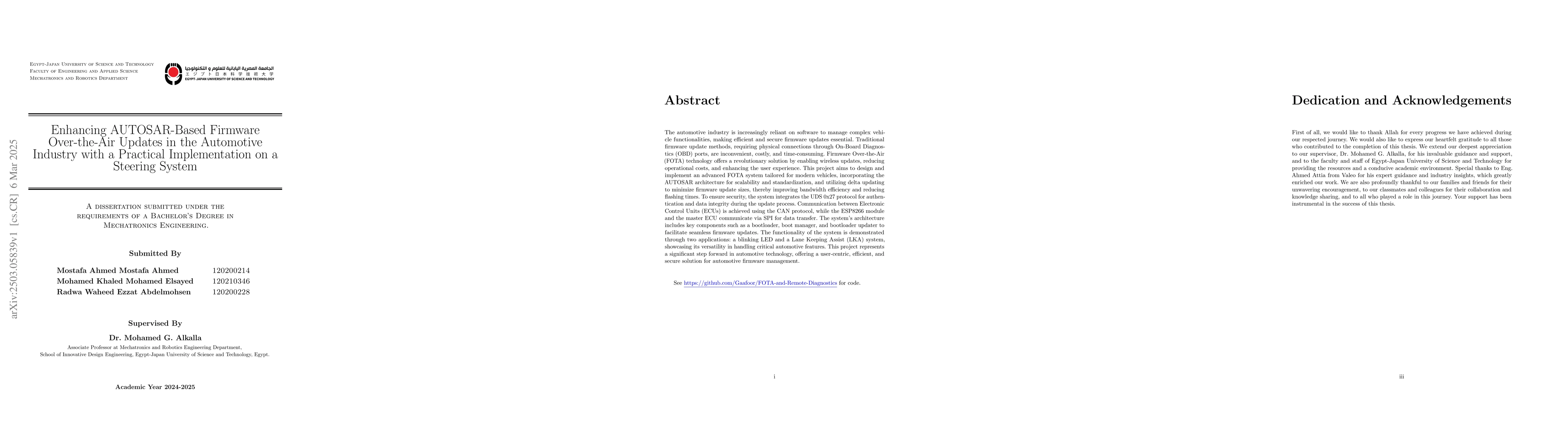 Thumbnail for Enhancing AUTOSAR-Based Firmware Over-the-Air Updates in the Automotive
  Industry with a Practical Implementation on a Steering System