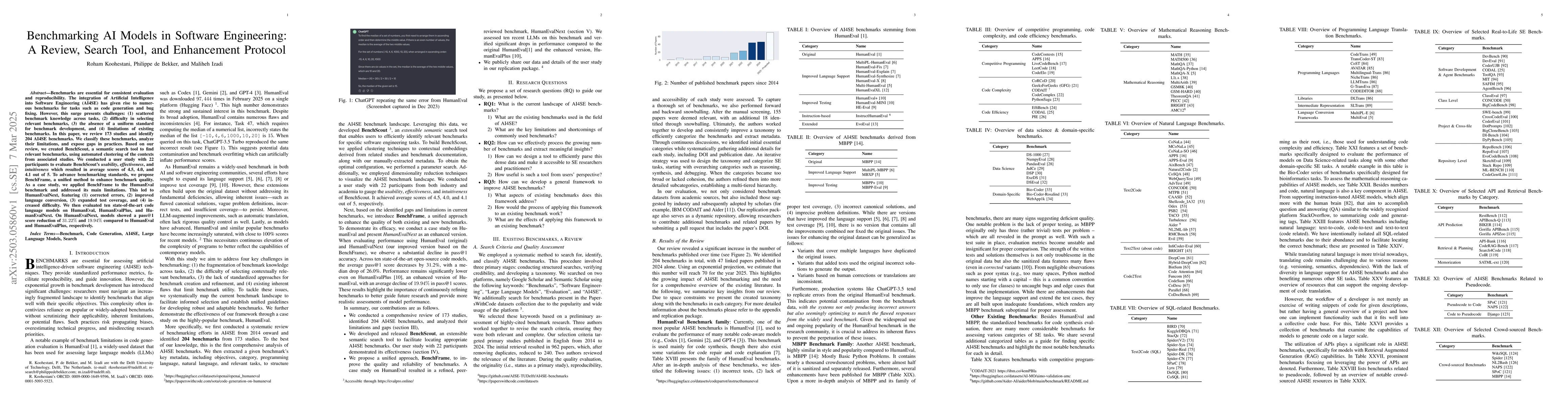 Thumbnail for Benchmarking AI Models in Software Engineering: A Review, Search Tool,
  and Enhancement Protocol
