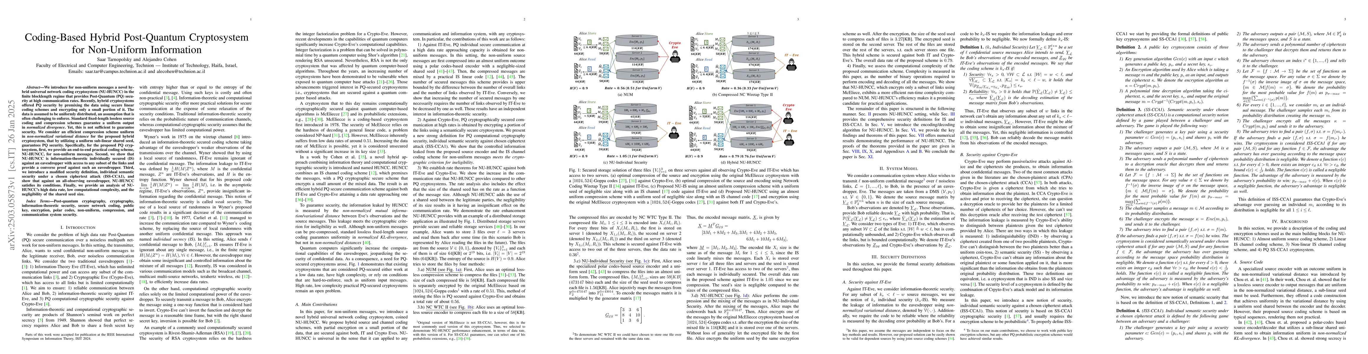 Thumbnail for Coding-Based Hybrid Post-Quantum Cryptosystem for Non-Uniform
  Information