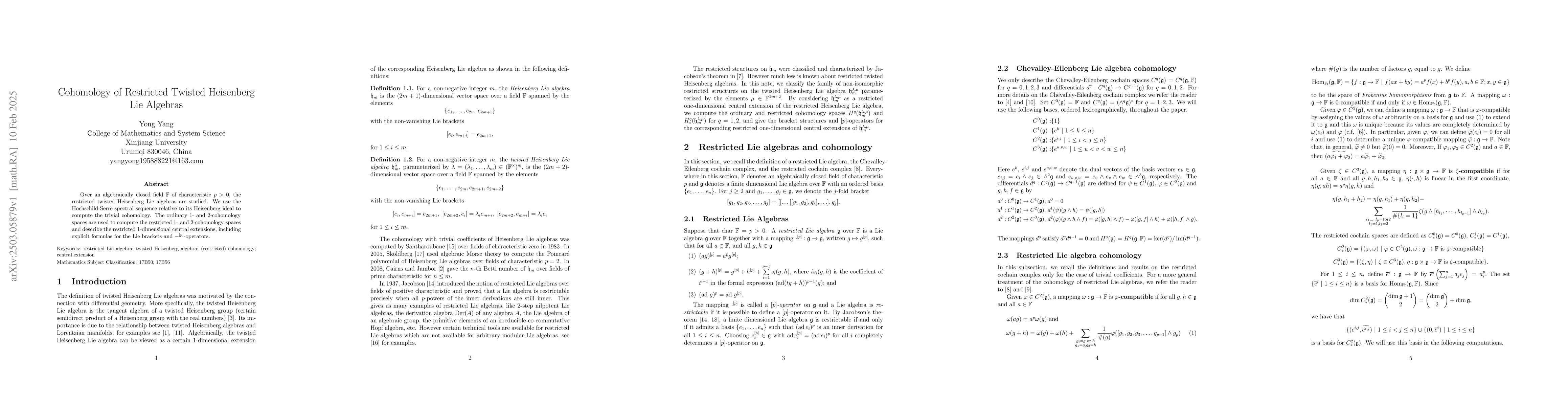 Thumbnail for Cohomology of Restricted Twisted Heisenberg Lie Algebras