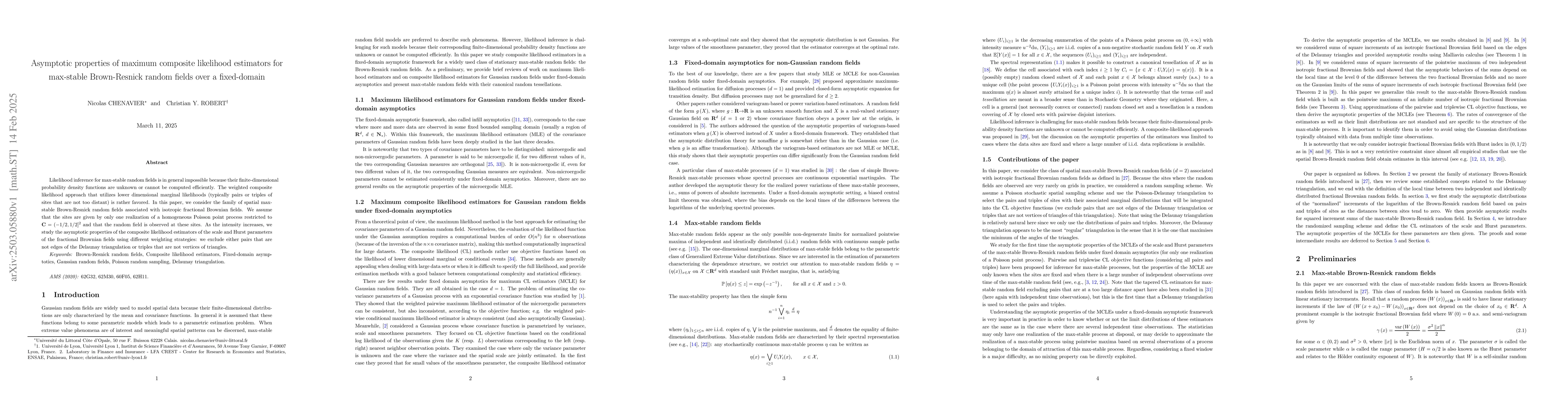Thumbnail for Asymptotic properties of maximum composite likelihood estimators for
  max-stable Brown-Resnick random fields over a fixed-domain