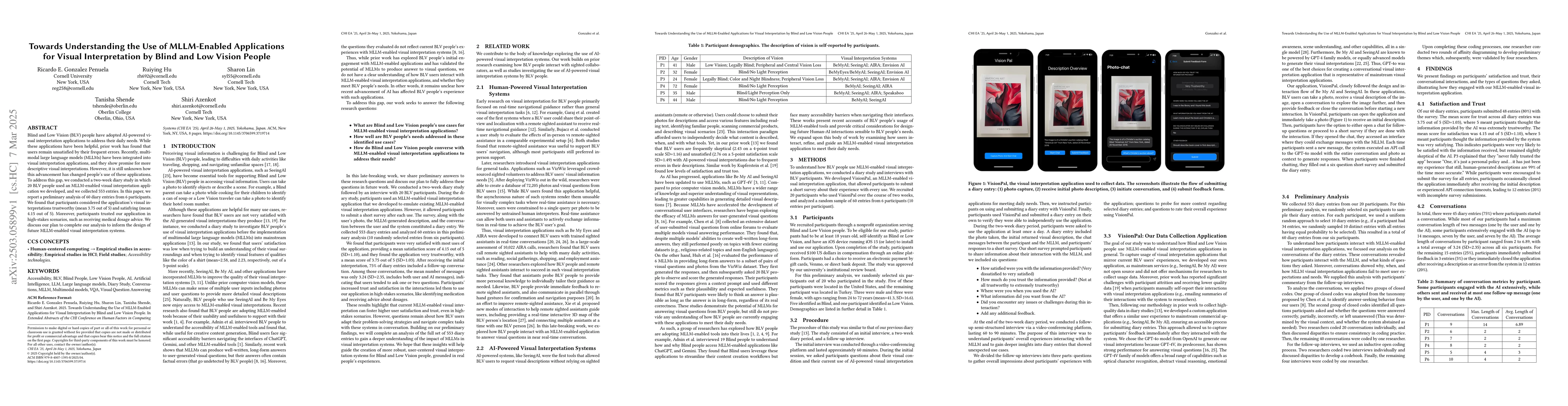 Thumbnail for Towards Understanding the Use of MLLM-Enabled Applications for Visual
  Interpretation by Blind and Low Vision People