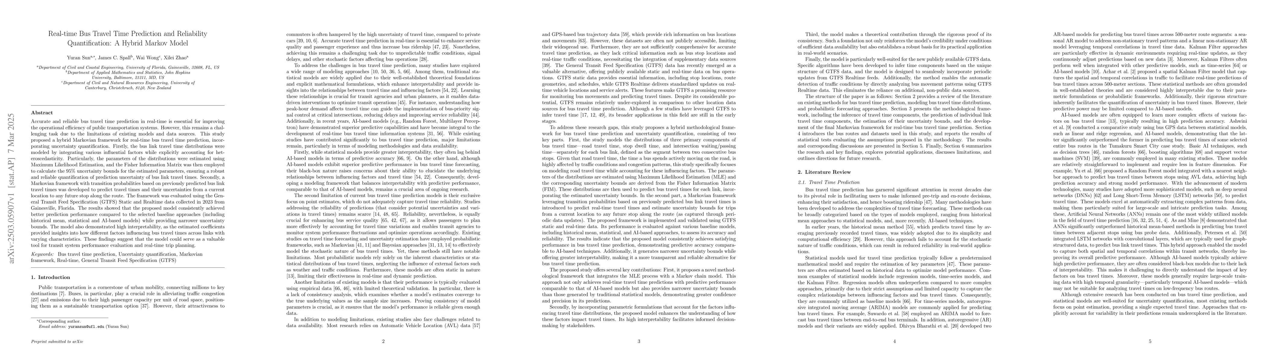Thumbnail for Real-time Bus Travel Time Prediction and Reliability Quantification: A
  Hybrid Markov Model