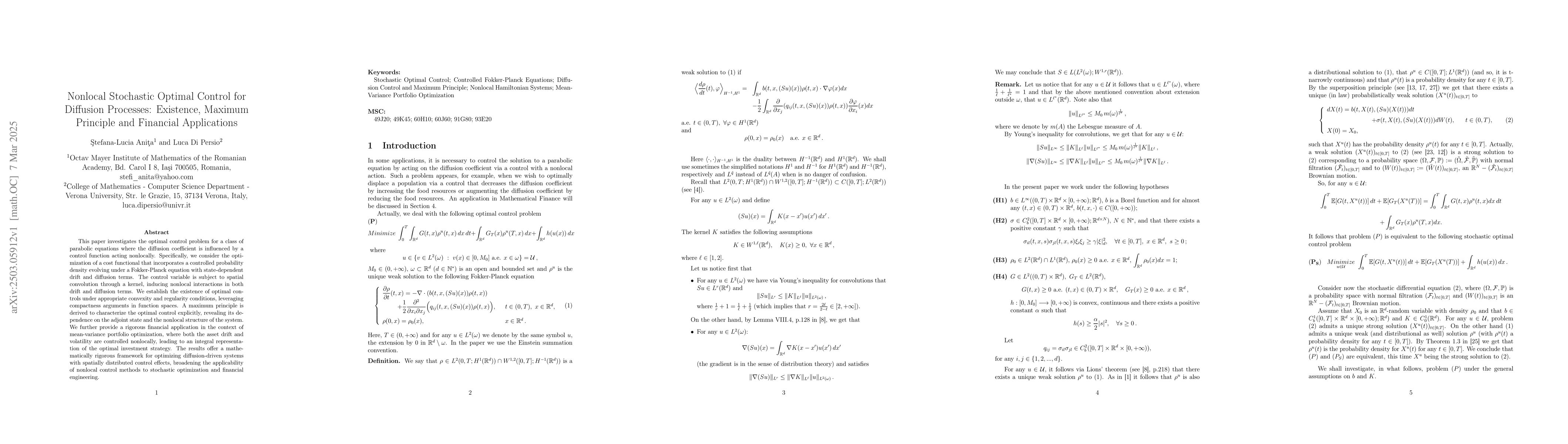 Thumbnail for Nonlocal Stochastic Optimal Control for Diffusion Processes: Existence,
  Maximum Principle and Financial Applications