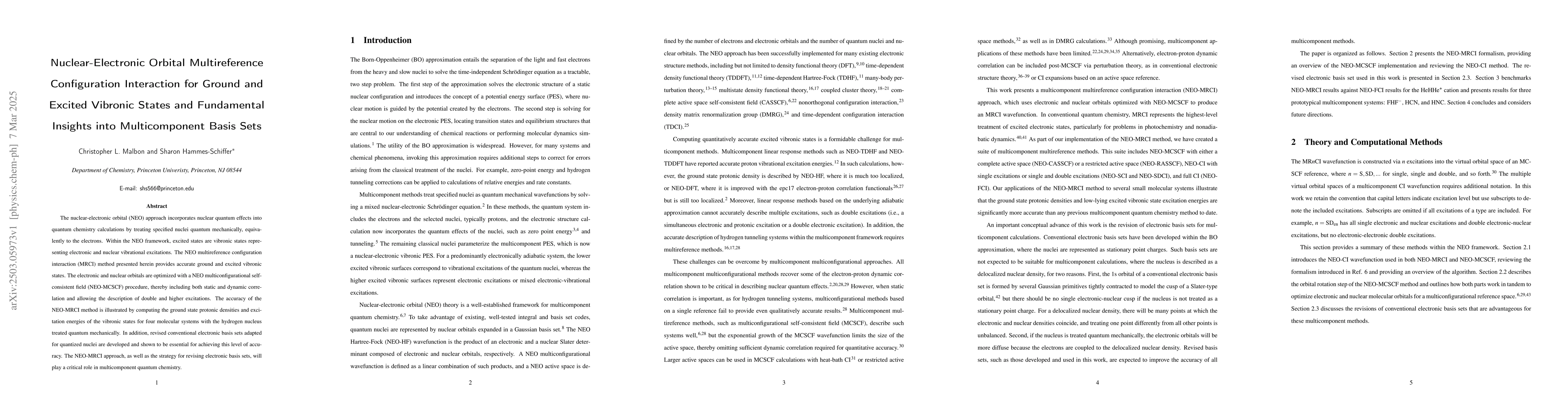 Thumbnail for Nuclear-Electronic Orbital Multireference Configuration Interaction for
  Ground and Excited Vibronic States and Fundamental Insights into
  Multicomponent Basis Sets