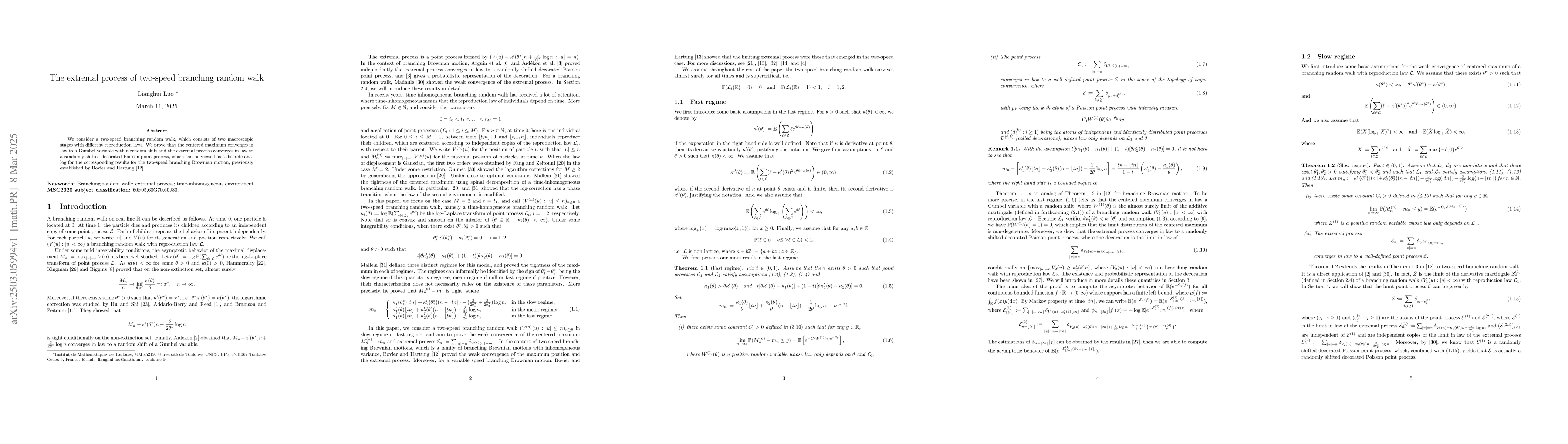 Thumbnail for The extremal process of two-speed branching random walk