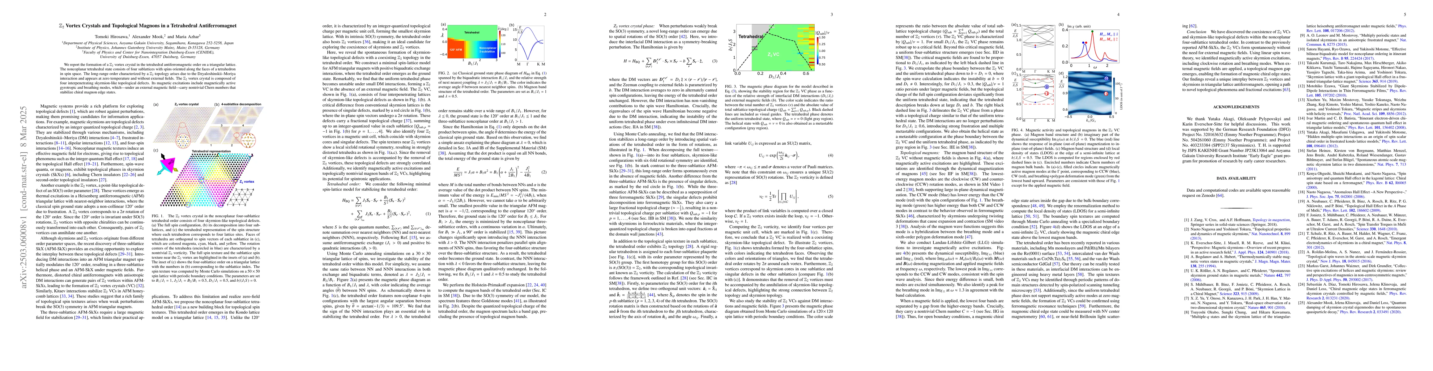 Thumbnail for $\mathbb{Z}_2$ Vortex Crystals and Topological Magnons in a Tetrahedral
  Antiferromagnet