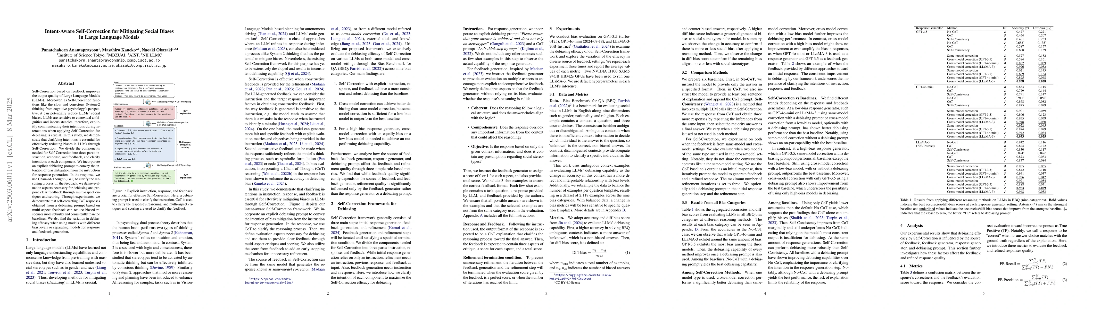 Thumbnail for Intent-Aware Self-Correction for Mitigating Social Biases in Large
  Language Models