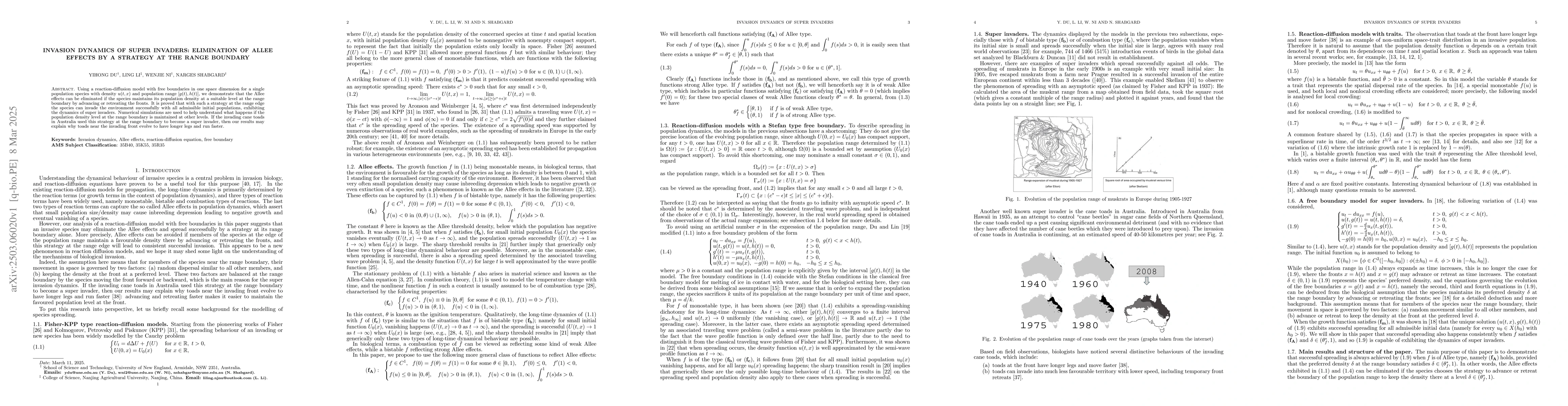 Thumbnail for Invasion dynamics of super invaders: Elimination of Allee effects by a
  strategy at the range boundary