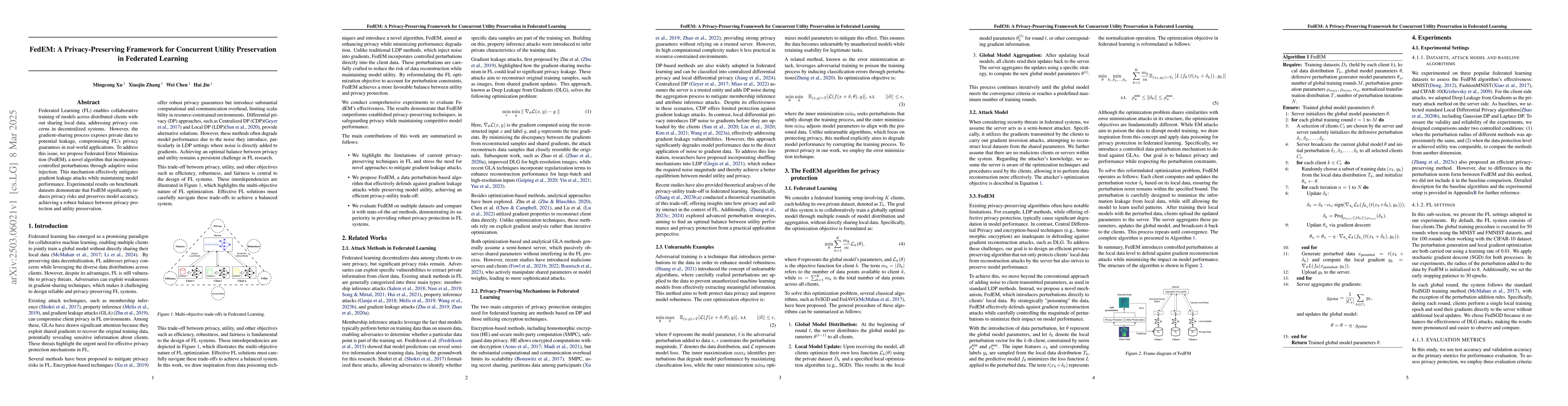 Thumbnail for FedEM: A Privacy-Preserving Framework for Concurrent Utility
  Preservation in Federated Learning
