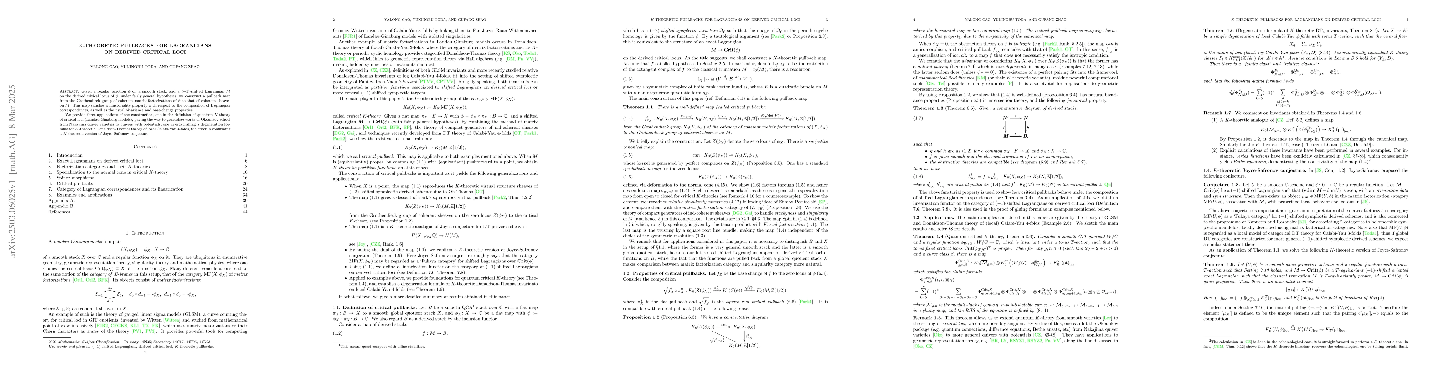 Thumbnail for $K$-theoretic pullbacks for Lagrangians on derived critical loci
