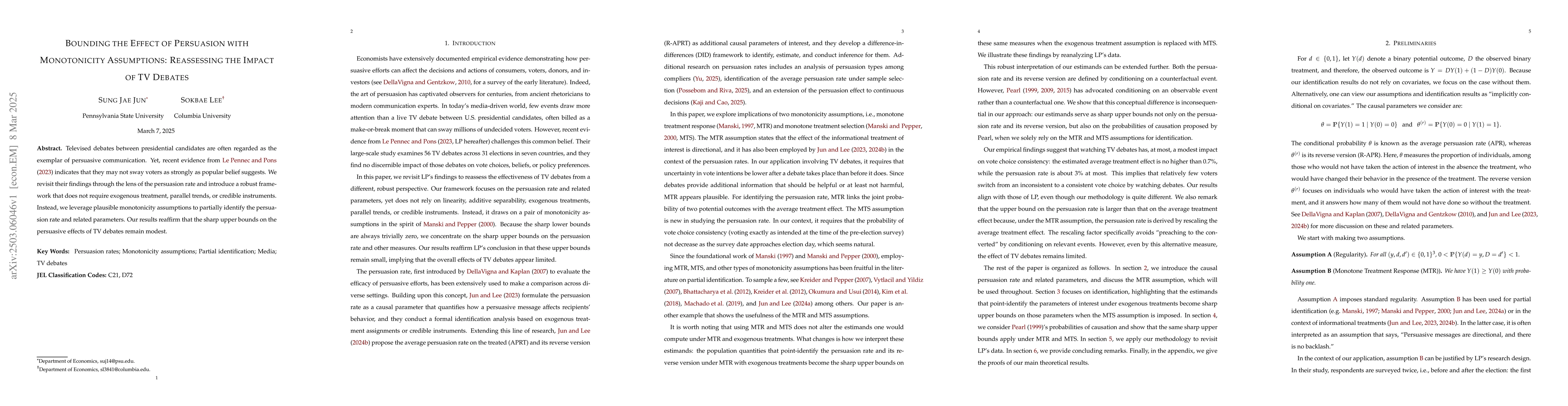 Thumbnail for Bounding the Effect of Persuasion with Monotonicity Assumptions:
  Reassessing the Impact of TV Debates