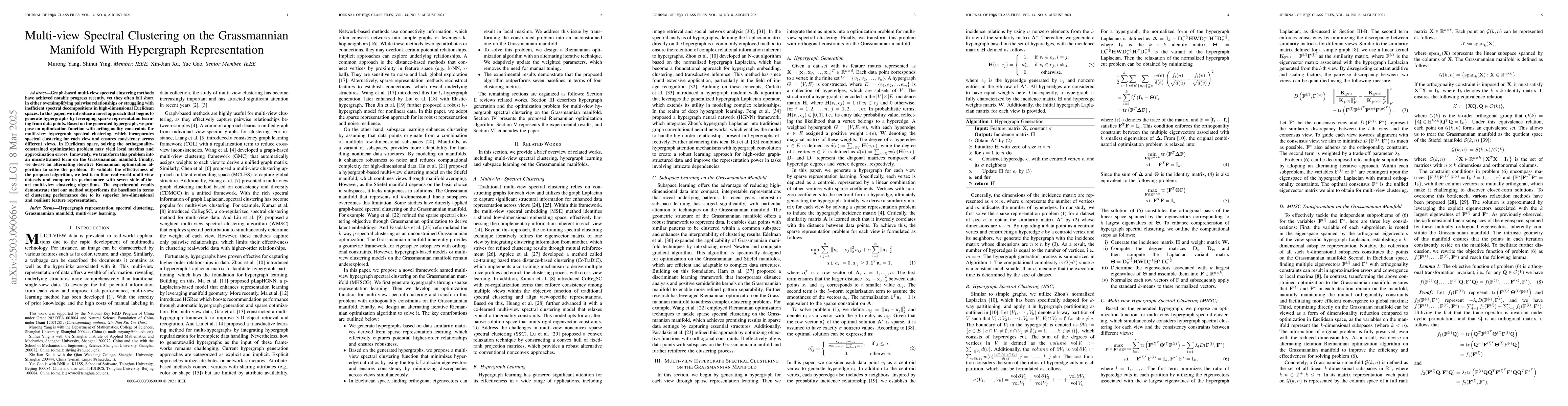 Thumbnail for Multi-view Spectral Clustering on the Grassmannian Manifold With
  Hypergraph Representation
