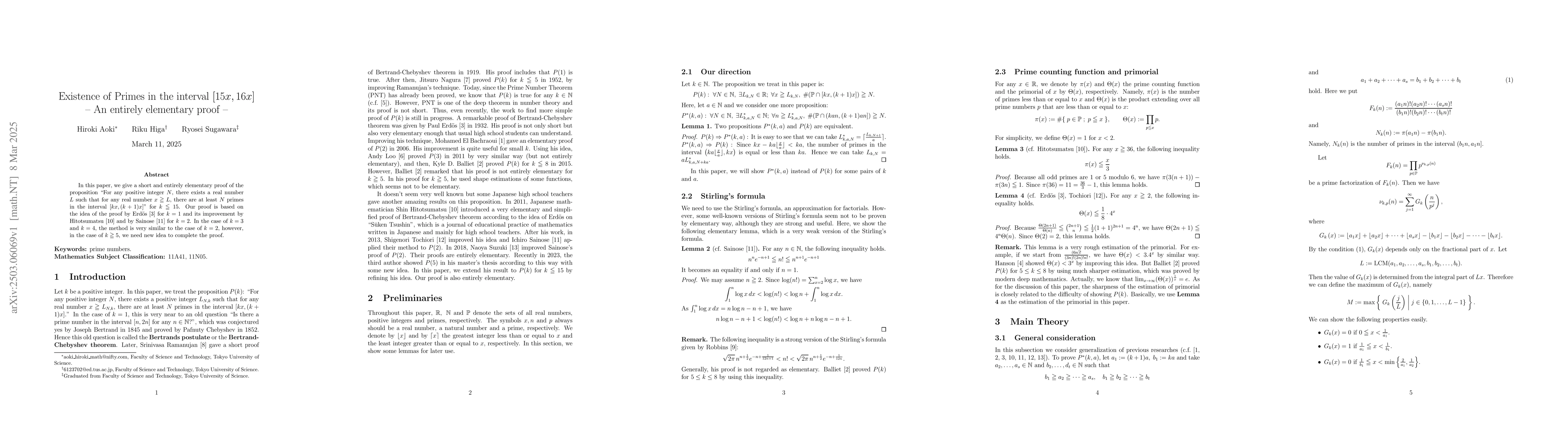 Thumbnail for Existence of Primes in the interval $ [15x,16x] $ -- An entirely
  elementary proof --