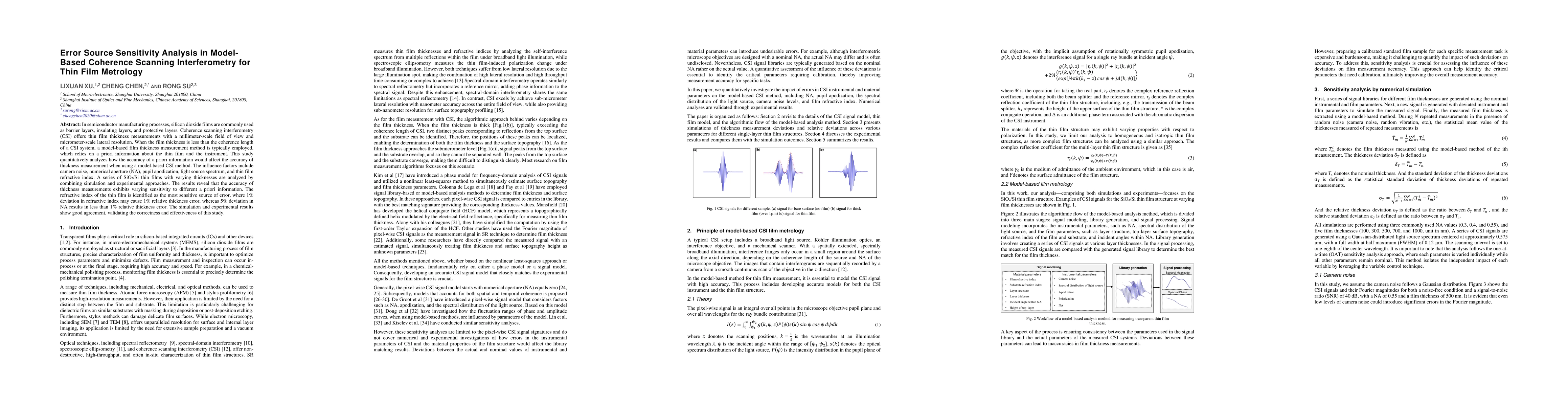 Thumbnail for Error Source Sensitivity Analysis in Model-Based Coherence Scanning
  Interferometry for Thin Film Metrology