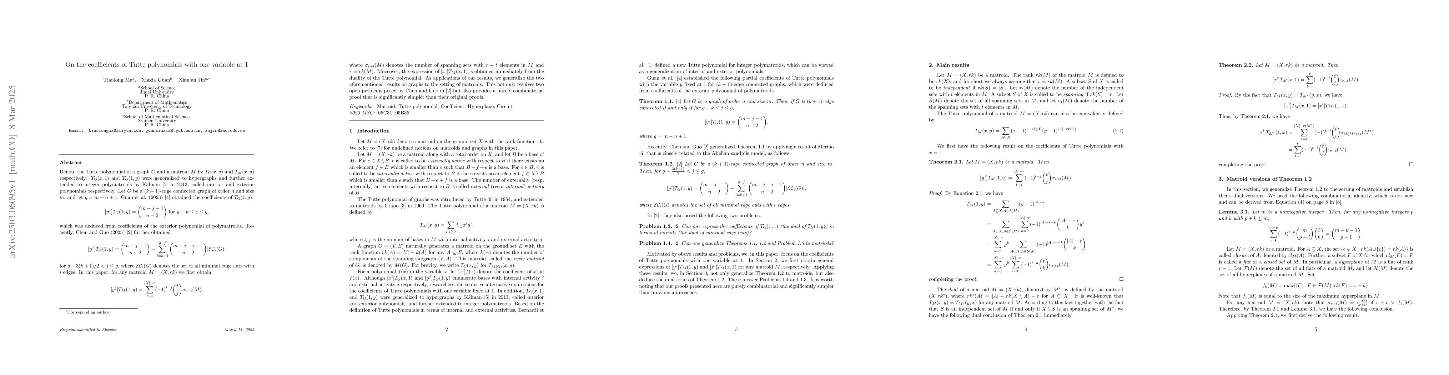 Thumbnail for On the coefficients of Tutte polynomials with one variable at 1