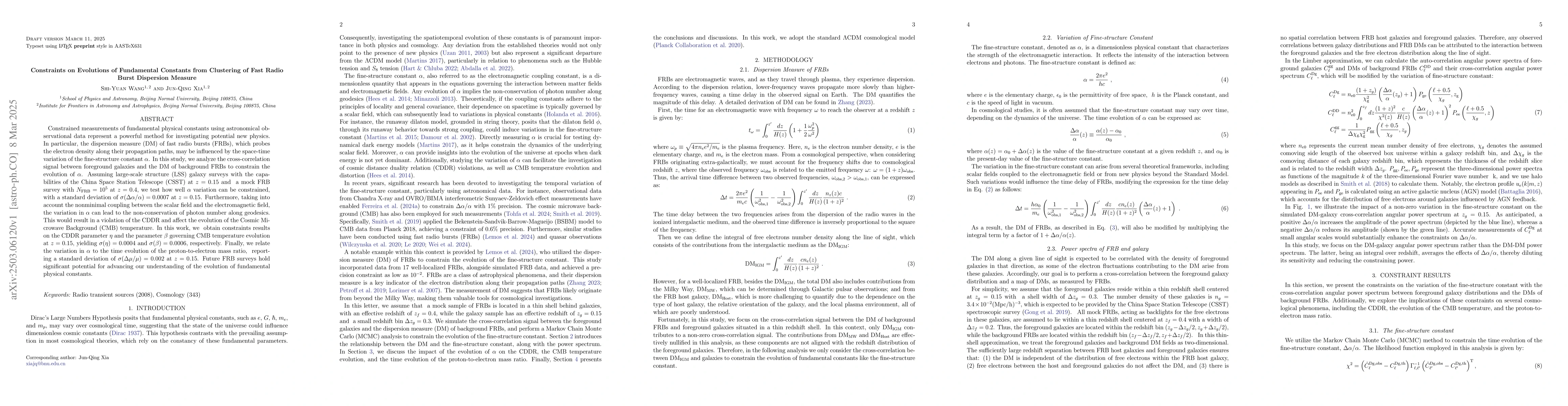 Thumbnail for Constraints on Evolutions of Fundamental Constants from Clustering of
  Fast Radio Burst Dispersion Measure