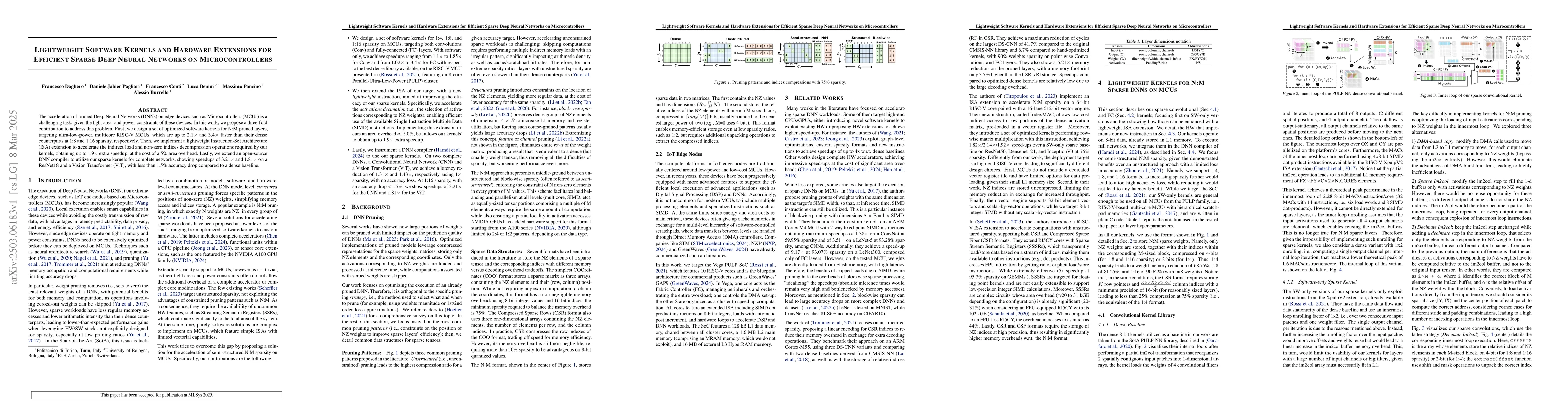 Thumbnail for Lightweight Software Kernels and Hardware Extensions for Efficient
  Sparse Deep Neural Networks on Microcontrollers