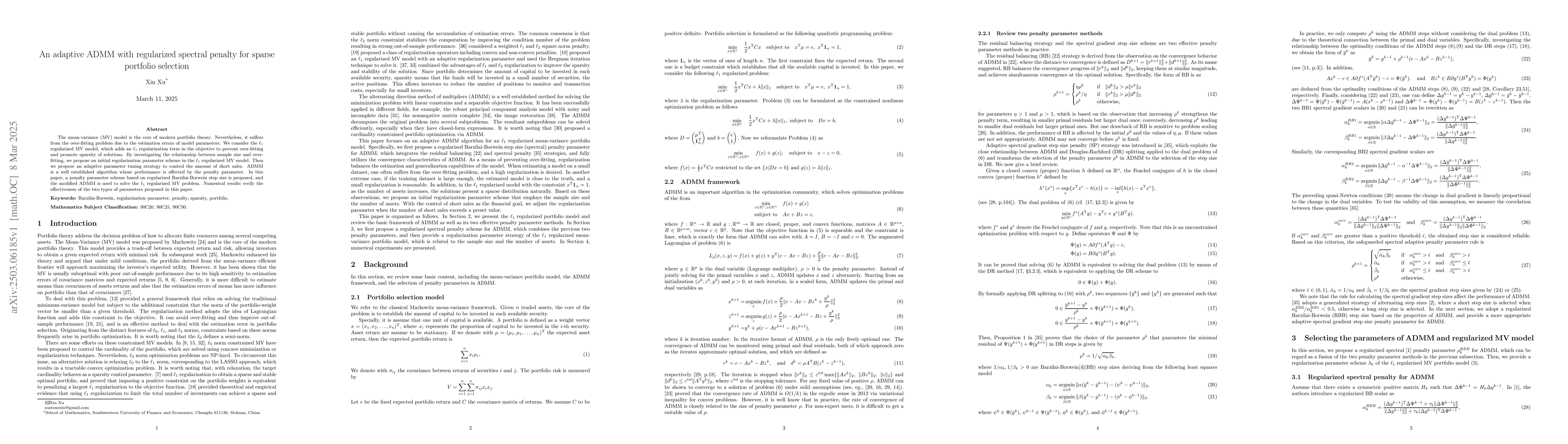 Thumbnail for An adaptive ADMM with regularized spectral penalty for sparse portfolio
  selection