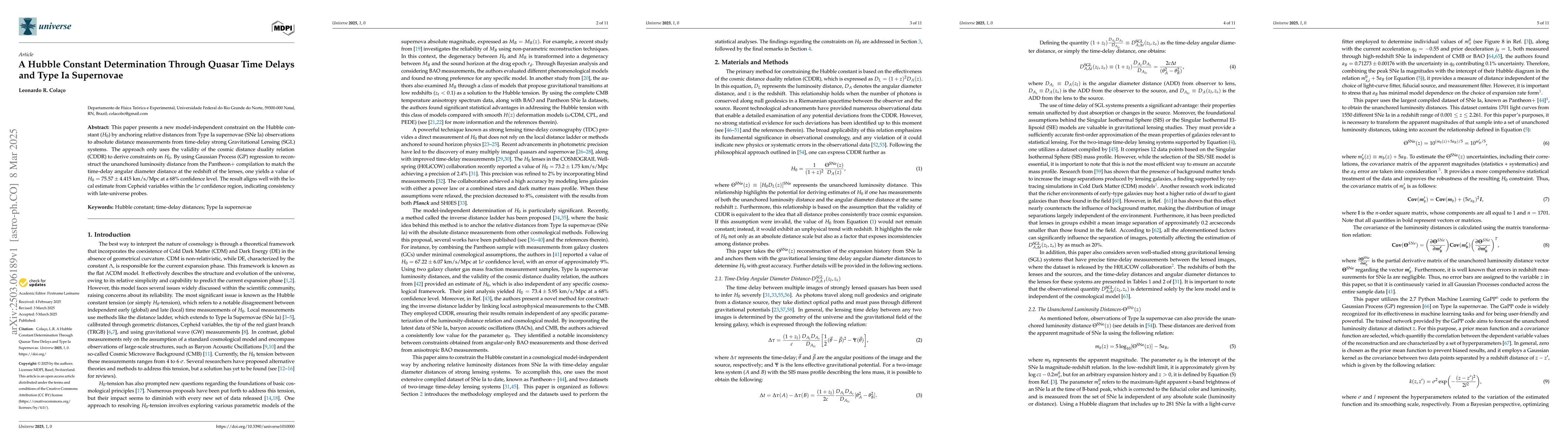 Thumbnail for A Hubble Constant Determination Through Quasar Time Delays and Type Ia
  Supernovae