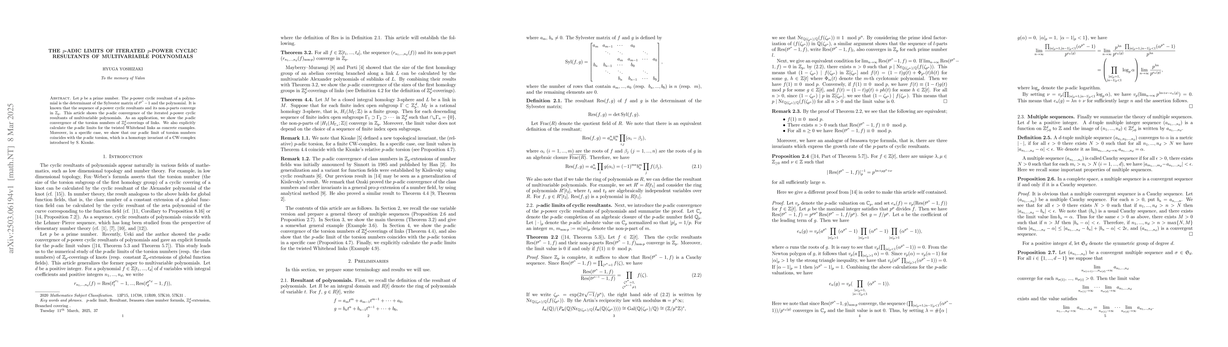 Thumbnail for The $p$-adic limits of iterated $p$-power cyclic resultants of
  multivariable polynomials