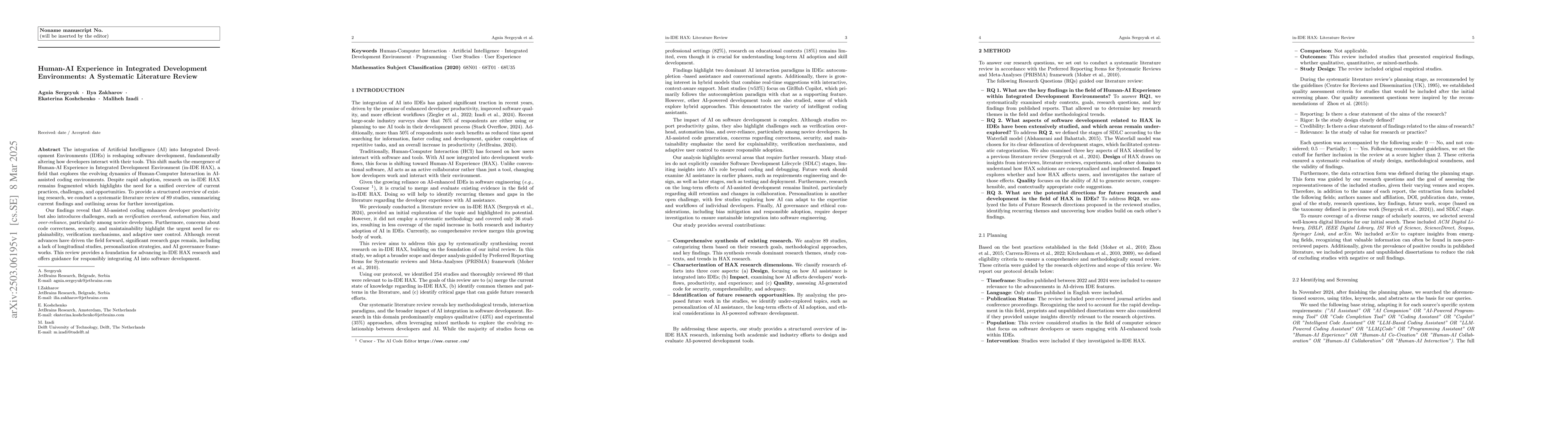 Thumbnail for Human-AI Experience in Integrated Development Environments: A Systematic
  Literature Review