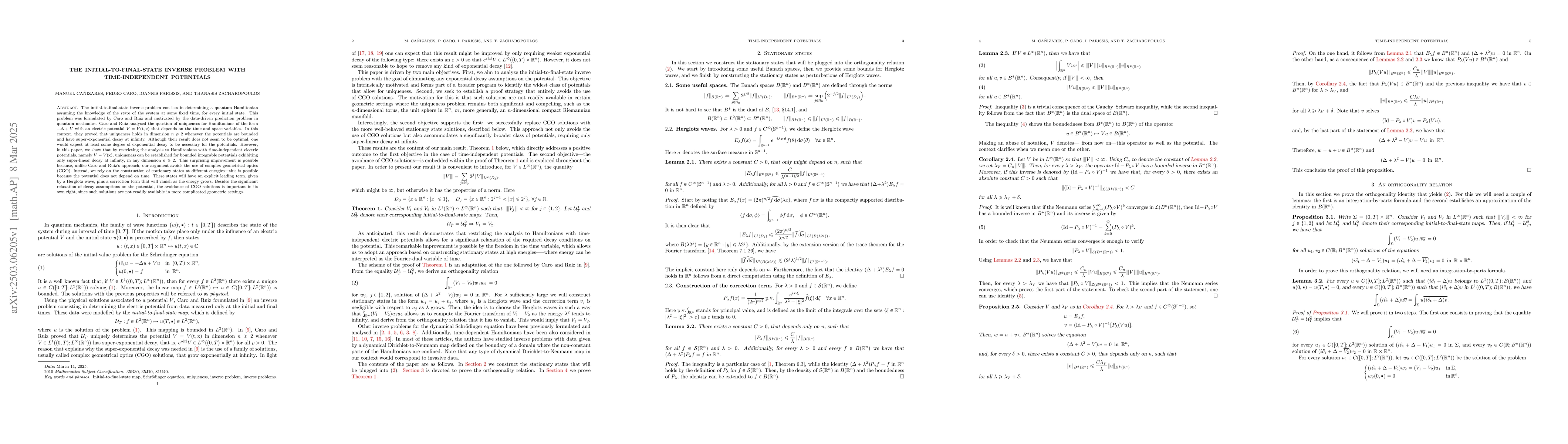 Thumbnail for The initial-to-final-state inverse problem with time-independent
  potentials