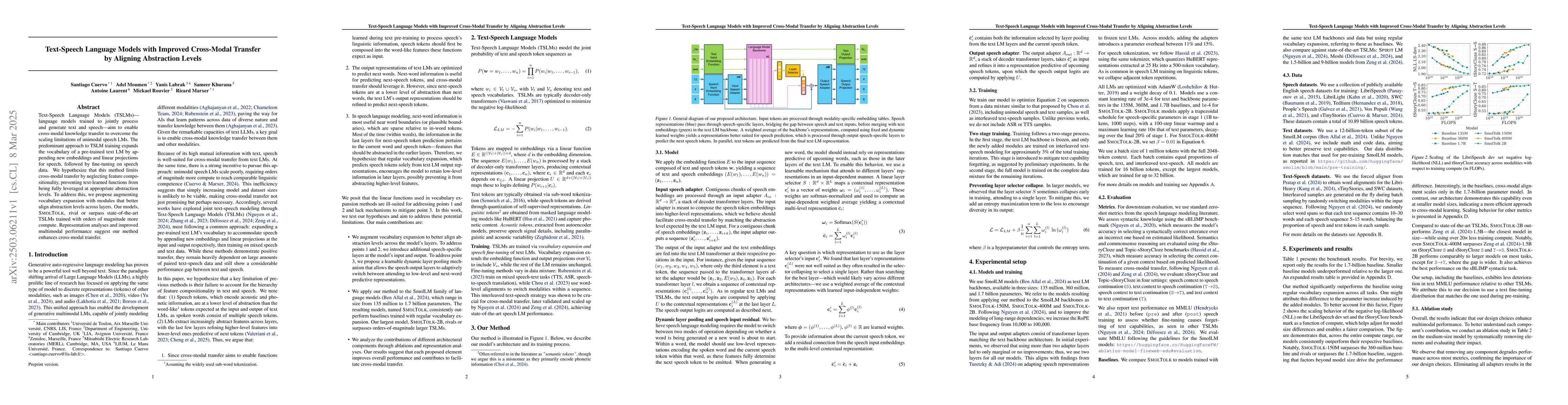 Thumbnail for Text-Speech Language Models with Improved Cross-Modal Transfer by
  Aligning Abstraction Levels