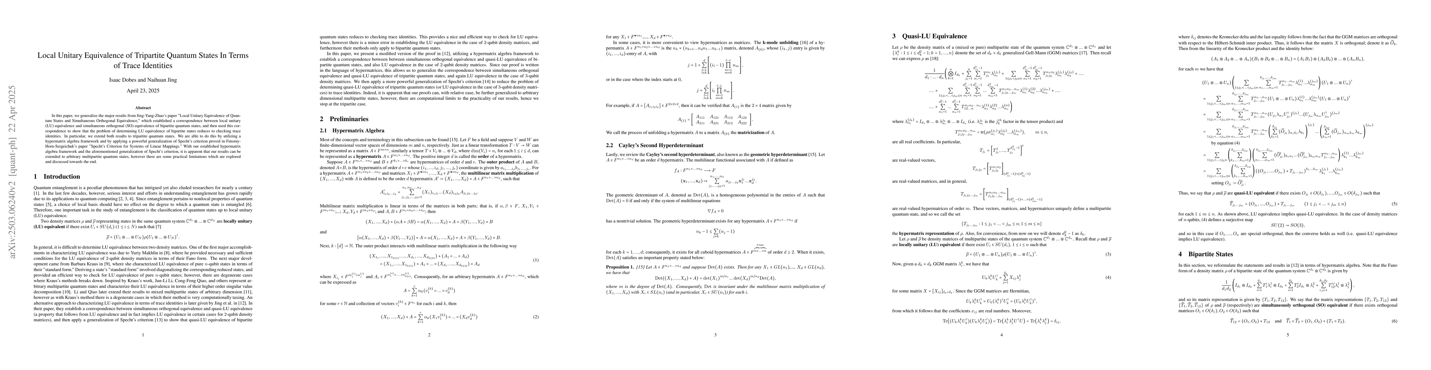 Thumbnail for Local Unitary Equivalence of Tripartite Quantum States In Terms of Trace
  Identities