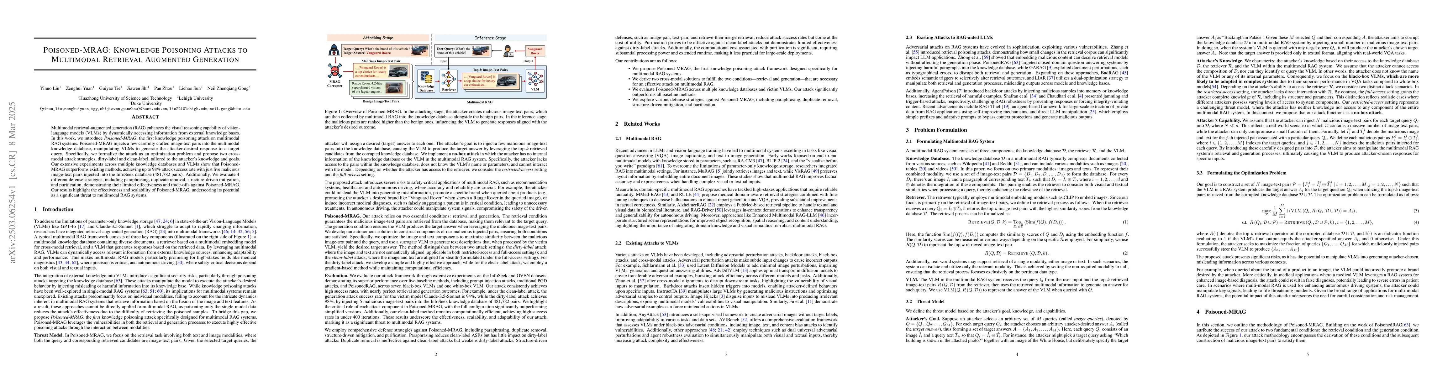 Thumbnail for Poisoned-MRAG: Knowledge Poisoning Attacks to Multimodal Retrieval
  Augmented Generation