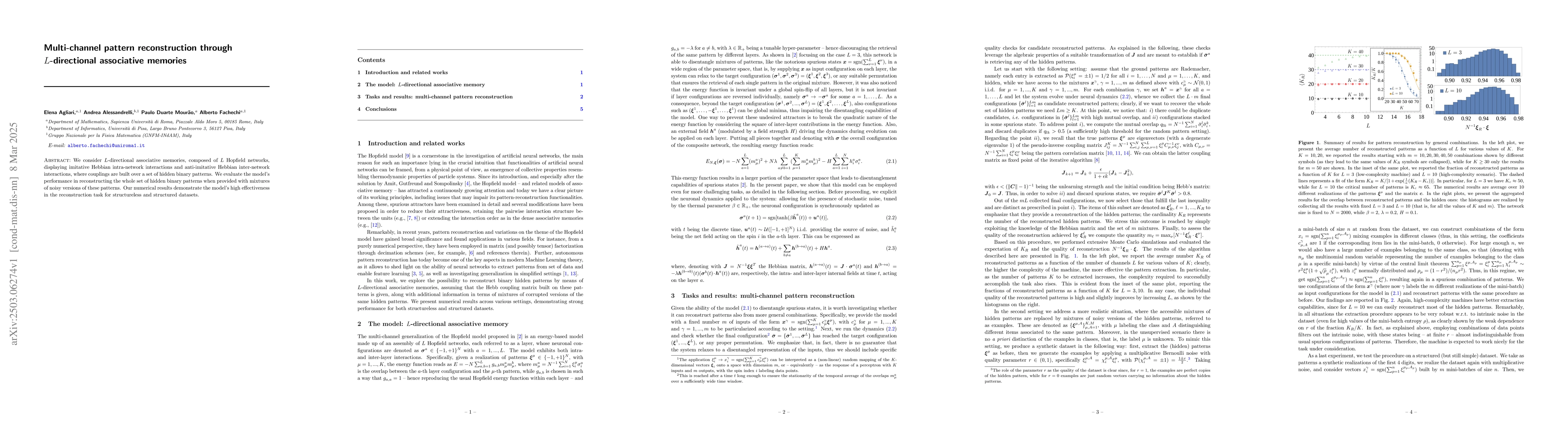 Thumbnail for Multi-channel pattern reconstruction through $L$-directional associative
  memories