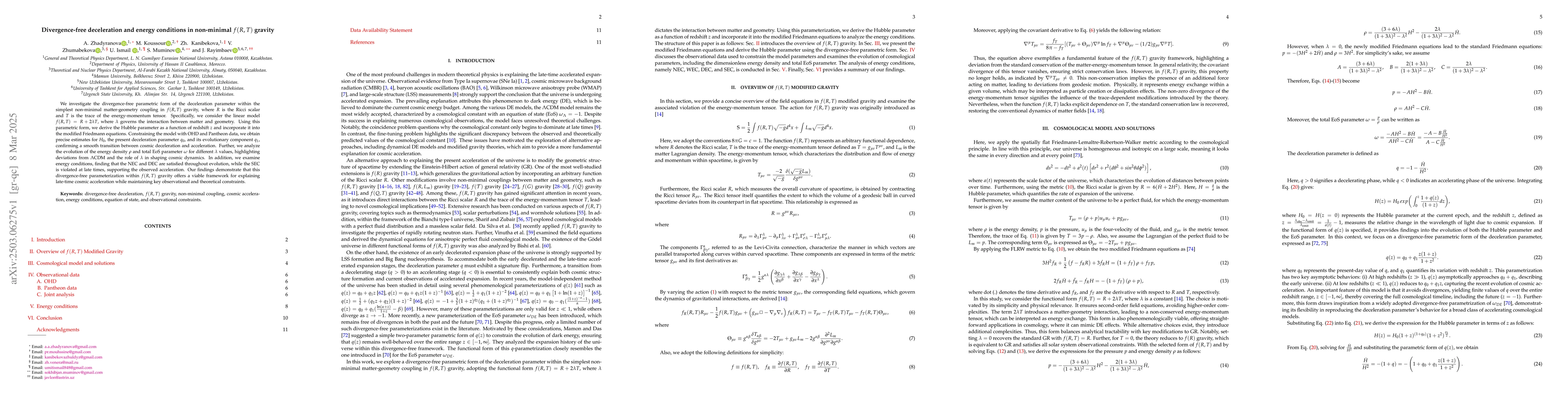 Thumbnail for Divergence-free deceleration and energy conditions in non-minimal
  $f(R,T)$ gravity