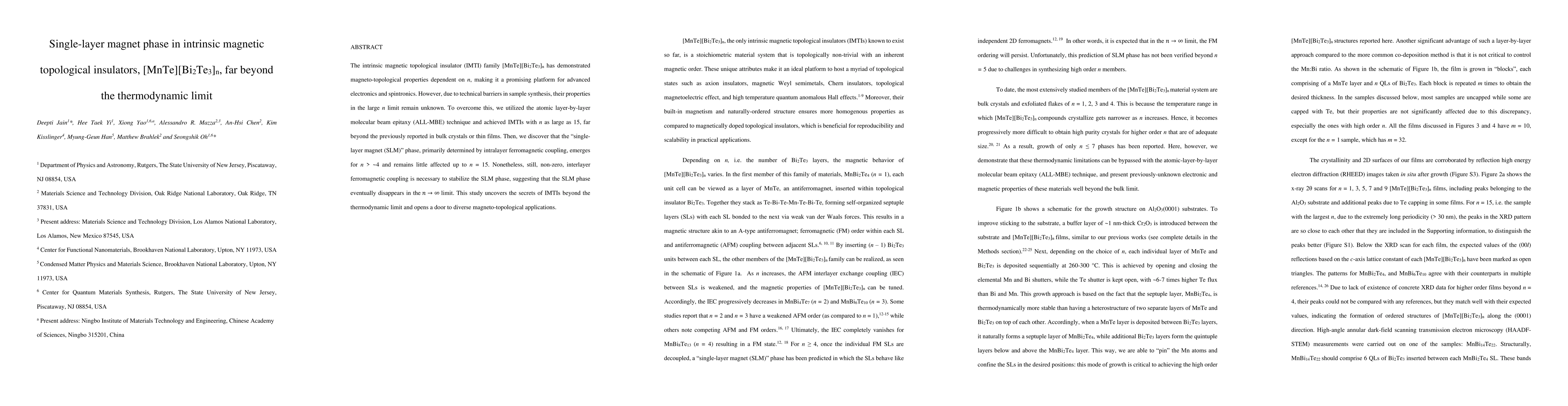 Thumbnail for Single-layer magnet phase in intrinsic magnetic topological insulators,
  $[\mathrm{MnTe}][\mathrm{Bi}_{2}\mathrm{Te}_{3}]_{\mathrm{n}}$, far beyond
  the thermodynamic limit