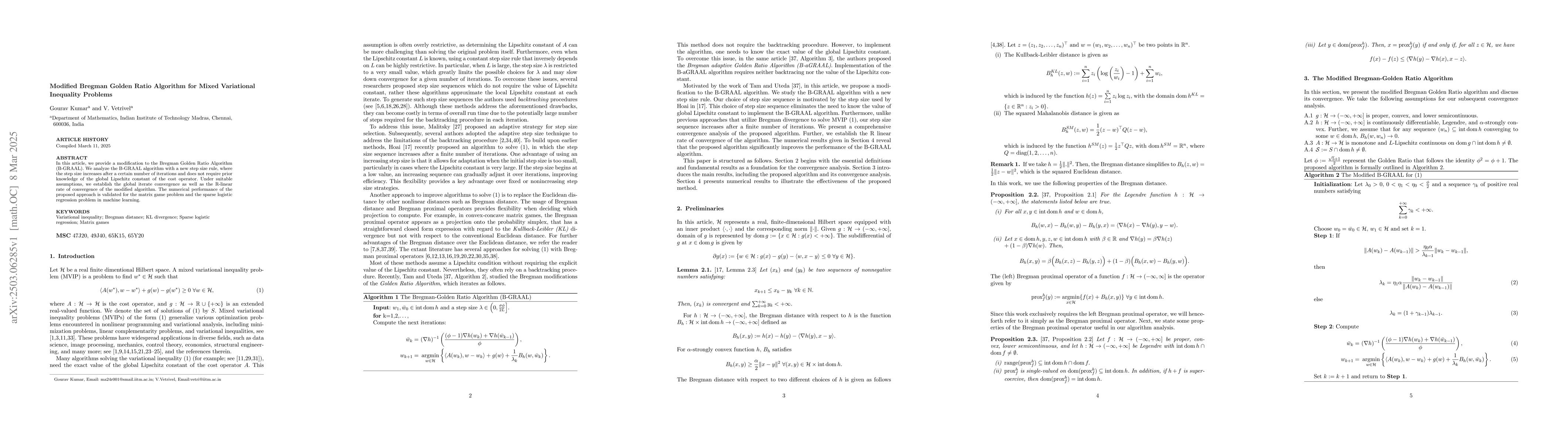 Thumbnail for Modified Bregman Golden Ratio Algorithm for Mixed Variational Inequality
  Problems