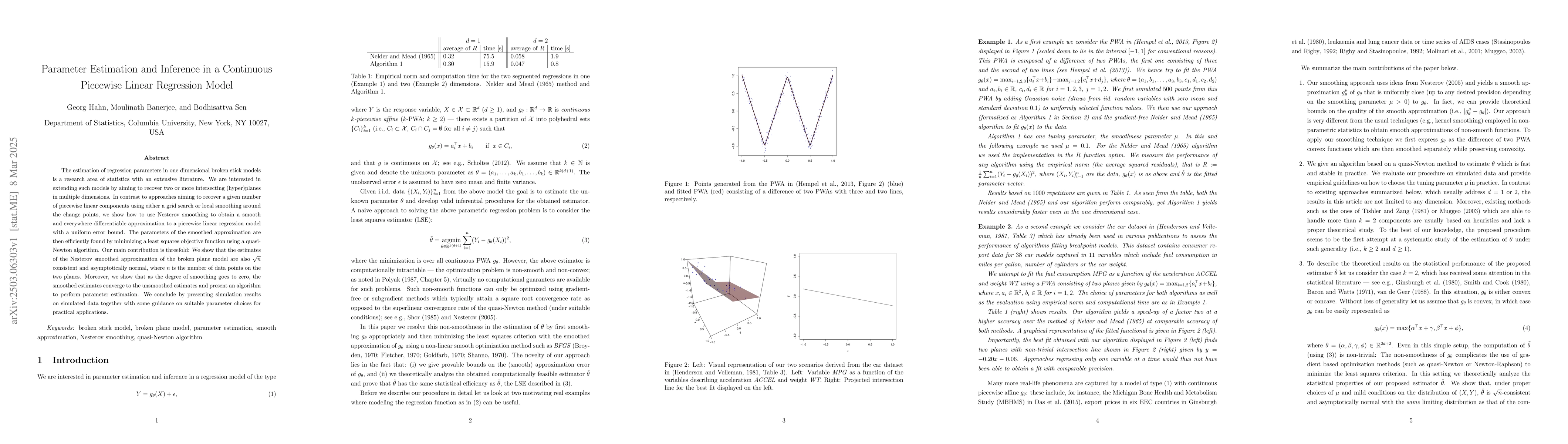 Thumbnail for Parameter Estimation and Inference in a Continuous Piecewise Linear
  Regression Model