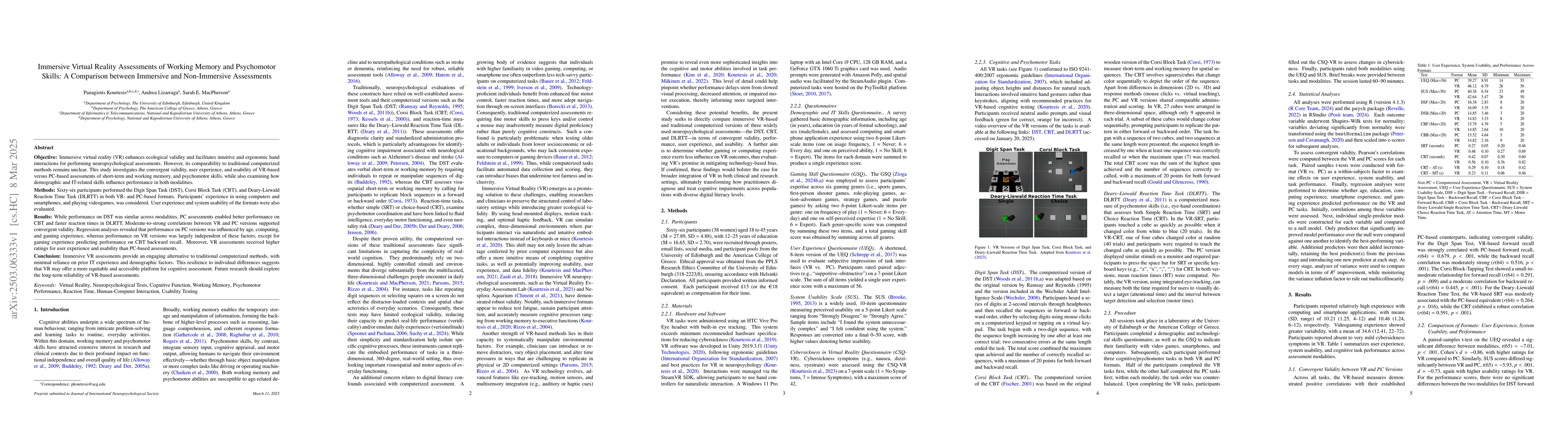 Thumbnail for Immersive Virtual Reality Assessments of Working Memory and Psychomotor
  Skills: A Comparison between Immersive and Non-Immersive Assessments