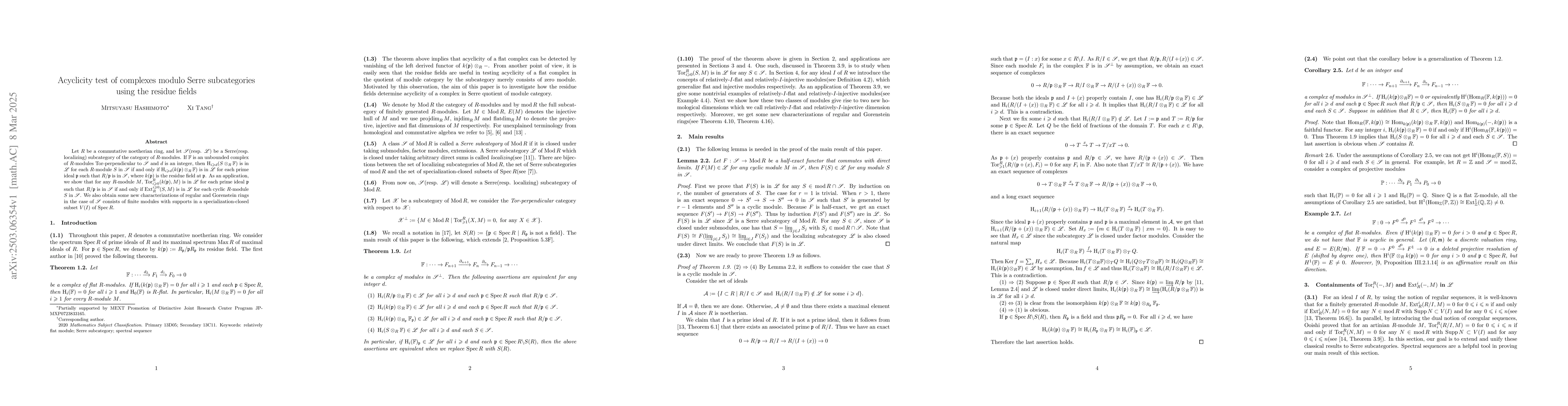 Thumbnail for Acyclicity test of complexes modulo Serre subcategories using the
  residue fields